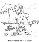 Vector of a Cartoon Messy Hot Dog Vendor by His Cart - Coloring Page Outline by Toonaday