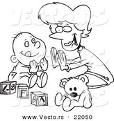 Vector of a Cartoon Mom Playing Patty Cake with Her Baby - Outlined Coloring Page by Toonaday