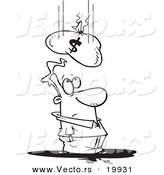 Vector of a Cartoon Money Bag Falling on a Man - Outlined Coloring Page by Toonaday
