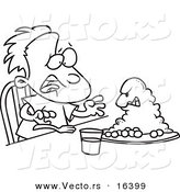 Vector of a Cartoon Monster Emerging from a Boy's Dinner Plate - Outlined Coloring Page Drawing by Toonaday