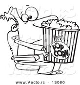 Vector of a Cartoon Movie Man Holding a Big Bucket of Popcorn - Outlined Coloring Page by Toonaday