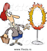 Vector of a Cartoon Nervous Red Haired White Businesswoman Standing by a Flaming Hoop by Toonaday