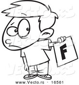 Vector of a Cartoon Nervous School Boy Holding out a Bad Report Card - Outlined Coloring Page Drawing by Toonaday