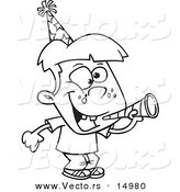 Vector of a Cartoon New Year Boy with a Horn - Coloring Page Outline by Toonaday
