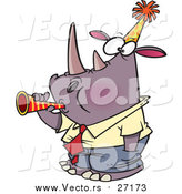 Vector of a Cartoon New Year Rhino Business Man Blowing a Horn by Toonaday