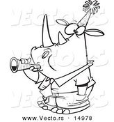 Vector of a Cartoon New Year Rhino Businessman Blowing a Horn - Coloring Page Outline by Toonaday