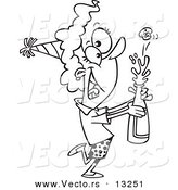 Vector of a Cartoon New Year Woman Popping Open a Bottle of Champagne - Coloring Page Outline by Toonaday