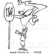Vector of a Cartoon Obedient Woman Standing by a Stop Sign - Coloring Page Outline by Toonaday
