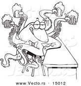 Vector of a Cartoon Octopus Bartender Serving Beer - Coloring Page Outline by Toonaday