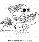 Vector of a Cartoon Octopus Playing a Banjo and Surfing - Coloring Page Outline by Toonaday