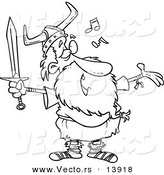 Vector of a Cartoon Old Male Viking Holding a Sword and Singing - Coloring Page Outline by Toonaday