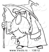 Vector of a Cartoon Old Wizard Using His Cane - Coloring Page Outline by Toonaday