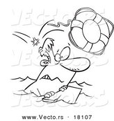 Vector of a Cartoon Overboard Man Floating on Wood - Outlined Coloring Page by Toonaday
