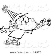 Vector of a Cartoon Party Boy Blowing a Horn - Coloring Page Outline by Toonaday