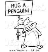 Vector of a Cartoon Penguin Holding a Hug a Penguin Awareness Sign - Coloring Page Outline by Toonaday