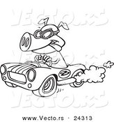Vector of a Cartoon Pig Racing a Hot Rod Black and White Outline - Outlined Coloring Page by Toonaday