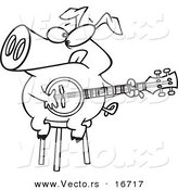 Vector of a Cartoon Pig Sitting on a Stool and Playing a Banjo - Outlined Coloring Page Drawing by Toonaday