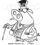 Vector of a Cartoon Pig Smoking a Cigar and Walking with a Cane - Coloring Page Outline by Toonaday