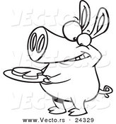 Vector of a Cartoon Pig with Meat on a Plate - Outlined Coloring Page by Toonaday
