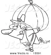 Vector of a Cartoon Pilgrim Carrying a Heavy Pumpkin - Coloring Page Outline by Toonaday