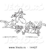 Vector of a Cartoon Pilgrim Chasing a Turkey Bird - Coloring Page Outline by Toonaday