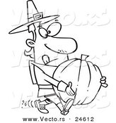 Vector of a Cartoon Pilgrim Man Carrying a Pumpkin - Outlined Coloring Page by Toonaday