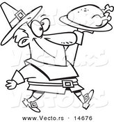 Vector of a Cartoon Pilgrim Man Carrying a Roasted Turkey - Coloring Page Outline by Toonaday