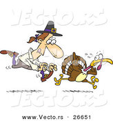 Vector of a Cartoon Pilgrim Man Running After a Turkey by Toonaday