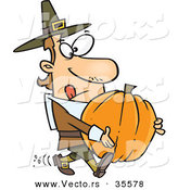 Vector of a Cartoon Pilgrim Man Trying to Carry a Heavy Pumpkin by Himself by Toonaday