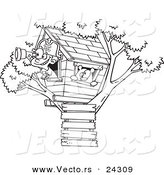 Vector of a Cartoon Pirate Boy in His Tree House Black and White Outline - Outlined Coloring Page by Toonaday