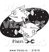 Vector of a Cartoon Pisces Astrology Fish over a Black Oval - Outlined Coloring Page by Toonaday