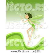 Vector of a Cartoon Pixie Blowing Swirls over a Green Background with Waves by BNP Design Studio