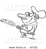 Vector of a Cartoon Pizza Man Holding a Pie - Outlined Coloring Page by Toonaday