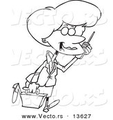 Vector of a Cartoon Pleasant Businesswoman Walking and Talking on a Cell Phone - Coloring Page Outline by Toonaday