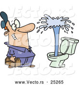 Vector of a Cartoon Plumber Looking at a Geyser of Water Shooting from a Toilet by Toonaday