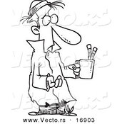 Vector of a Cartoon Poor Man Begging with a Pencil Cup - Coloring Page Outline by Toonaday