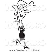 Vector of a Cartoon Pretty Woman Walking in a Black Dress - Coloring Page Outline by Toonaday