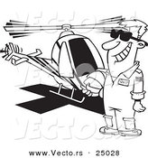 Vector of a Cartoon Proud Helicopter Pilot Man Standing by His Chopper - Outlined Coloring Page by Toonaday