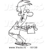 Vector of a Cartoon Proud School Boy Holding His Graded Exam - Outlined Coloring Page Drawing by Toonaday