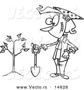 Vector of a Cartoon Proud Woman with a Shovel by a Newly Planted Tree - Coloring Page Outline by Toonaday