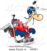 Vector of a Cartoon Puck Hitting a Hockey Player on the Head by Toonaday