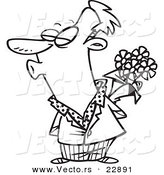Vector of a Cartoon Puckering Man Holding Flowers - Coloring Page Outline by Toonaday
