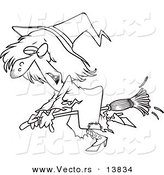 Vector of a Cartoon Ragged Witch Flying on Her Broomstick - Coloring Page Outline by Toonaday