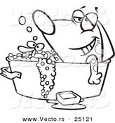Vector of a Cartoon Relaxed Dog Bathing in a Tub with a Rubber Duck - Coloring Page Outline by Toonaday