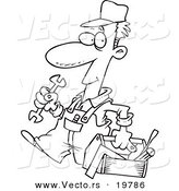 Vector of a Cartoon Repair Man Carrying a Tool Box - Outlined Coloring Page by Toonaday