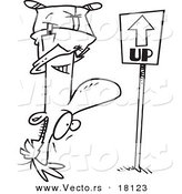 Vector of a Cartoon Reversed Man Upside Down, Facing an up Sign - Outlined Coloring Page by Toonaday