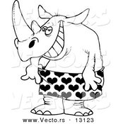 Vector of a Cartoon Rhino in Loose Heart Boxers - Coloring Page Outline by Toonaday