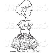 Vector of a Cartoon Rich Businesswoman Standing on Cash - Outlined Coloring Page by Toonaday