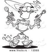 Vector of a Cartoon Robot Smoking a Cigarette and Holding Guns - Coloring Page Outline by Toonaday