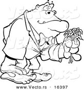 Vector of a Cartoon Romantic Gorilla Holding Flowers - Outlined Coloring Page Drawing by Toonaday